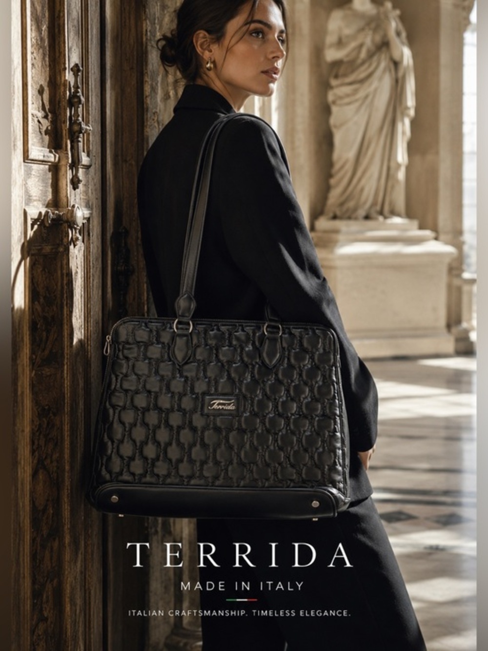 Terrida Black Italian Leather Luxury Laptop Tote Briefcase Made Italy